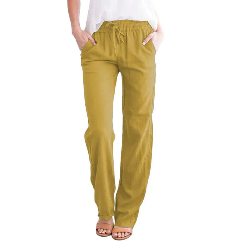 Women's Summer Cotton Hemp Drawstring Loose Relaxed Wide Leg Pants Trouser