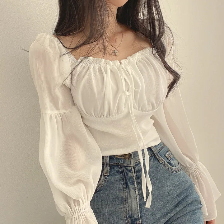Women Chiffon Blouse Summer Shirt Square Collar Folds Lace Up Waist Tops Korean Fashion Flare Sleeve Elegant Blouses Femme