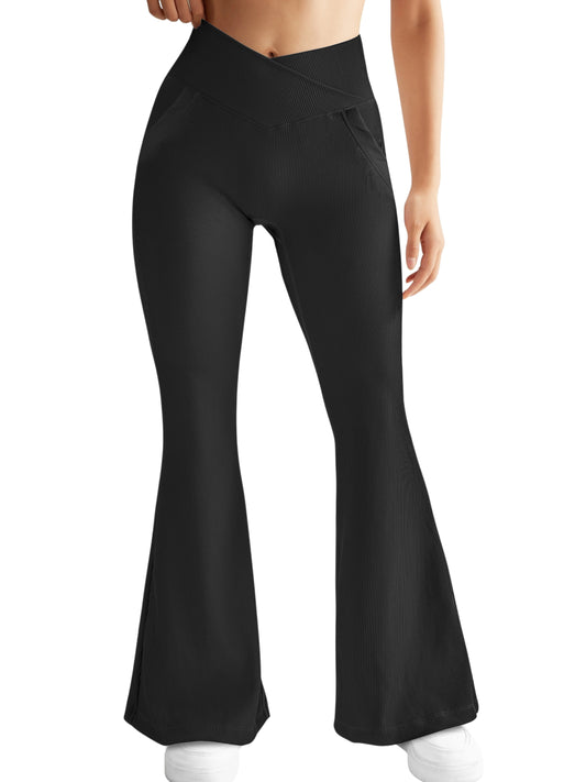 2 Pockets High Waist Stretch Slim Women Flared Leggings Solid Elegant Versatile Tights Woman Street Casual Yoga Fitness Sports