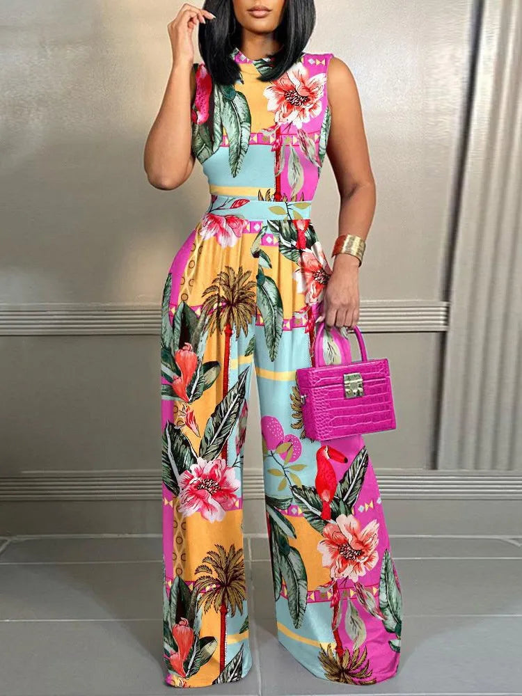 Elegant Women Wide Leg Long Printed Sleeveless Jumpsuits Trouser