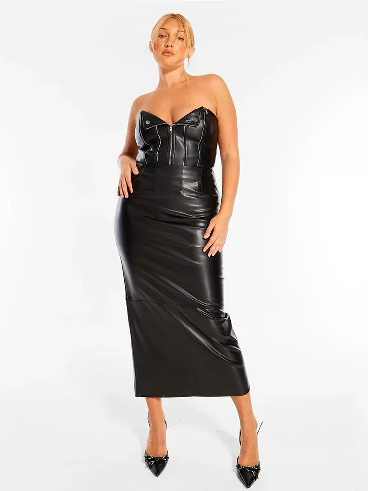 Women Plus Size Sexy Matte Leather High Waist Stretch Hem Split Midi Skirt 8XL 9XL Ladies V Neck Straight Skirts New Clubwear