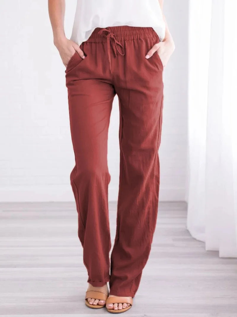 Women's Summer Cotton Hemp Drawstring Loose Relaxed Wide Leg Pants Trouser