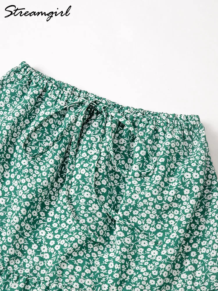 Brown Long Skirt Women Summer Cotton Ruffle Floral Skirt Woman Luxury Green Tie Up Loose White Women Long Skirts High Waisted
