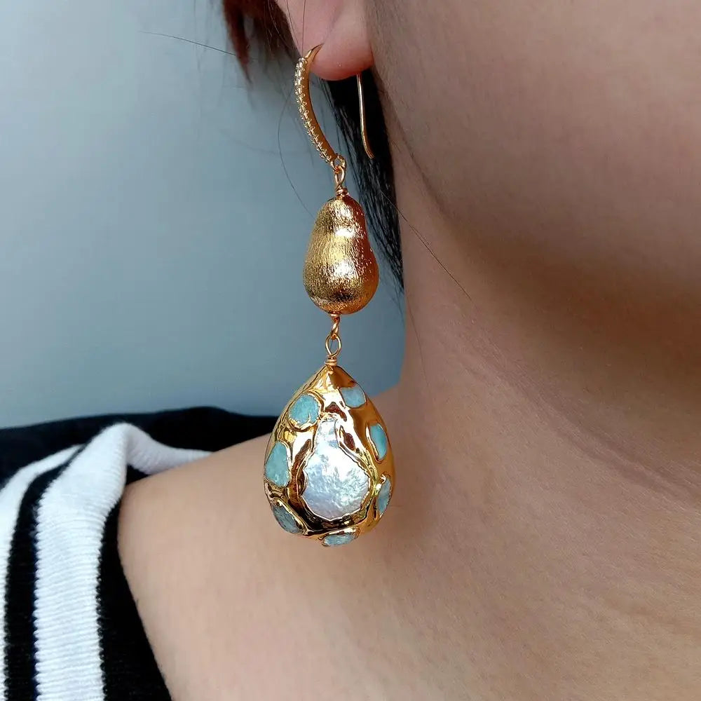 YYGEM natural Blue larimar Pave Cultured White Pearl Teardrop Shape Brushed Bead Dangle Hook Earrings