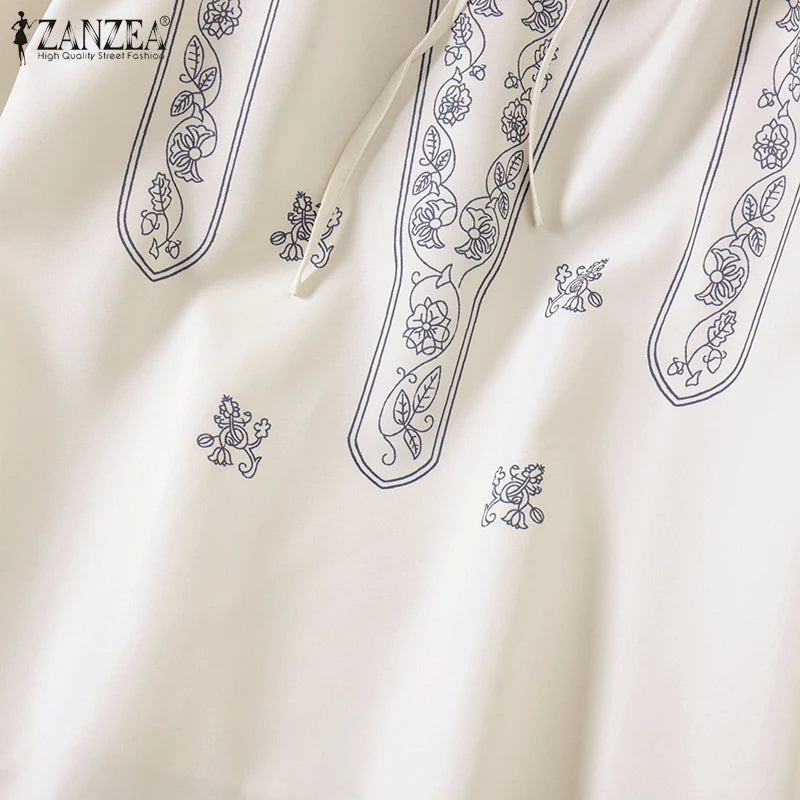 ZANZEA Ethnic Style Printing Woman Blouses Casual V-Neck Lace-Up Long Puff Sleeve Blusas Mujer 2025 Spring Summer Smock Tops