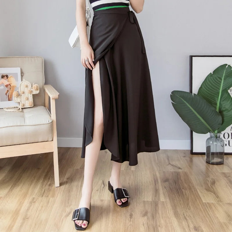 High Waist Long Skirt Wrap Dress Asymmetrical Hem Chiffon Floral Print Belted Midi Skirt for Short Women Summer Dress