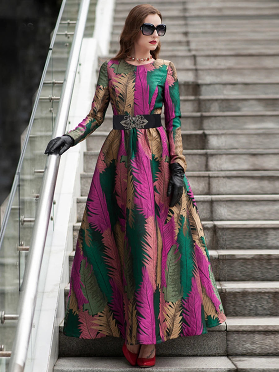 DEVCHATA Women Long Sleeve Maxi Jacquard Dress Floral New Autumn Winter Woman Clothing Elegant Leaf Party Dress for Women