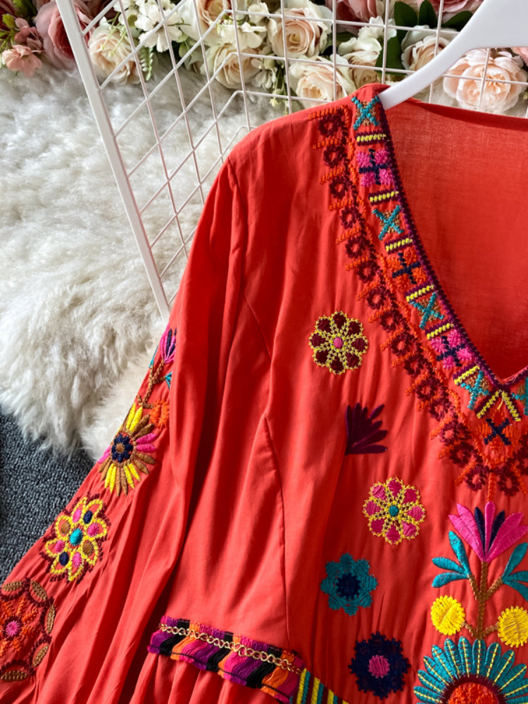 Vintage Chic Women Floral Embroidery Beach Bohemian Mini Dress Ladies Short Sleeve V-neck Cotton and Linen Boho Dresses Vestido