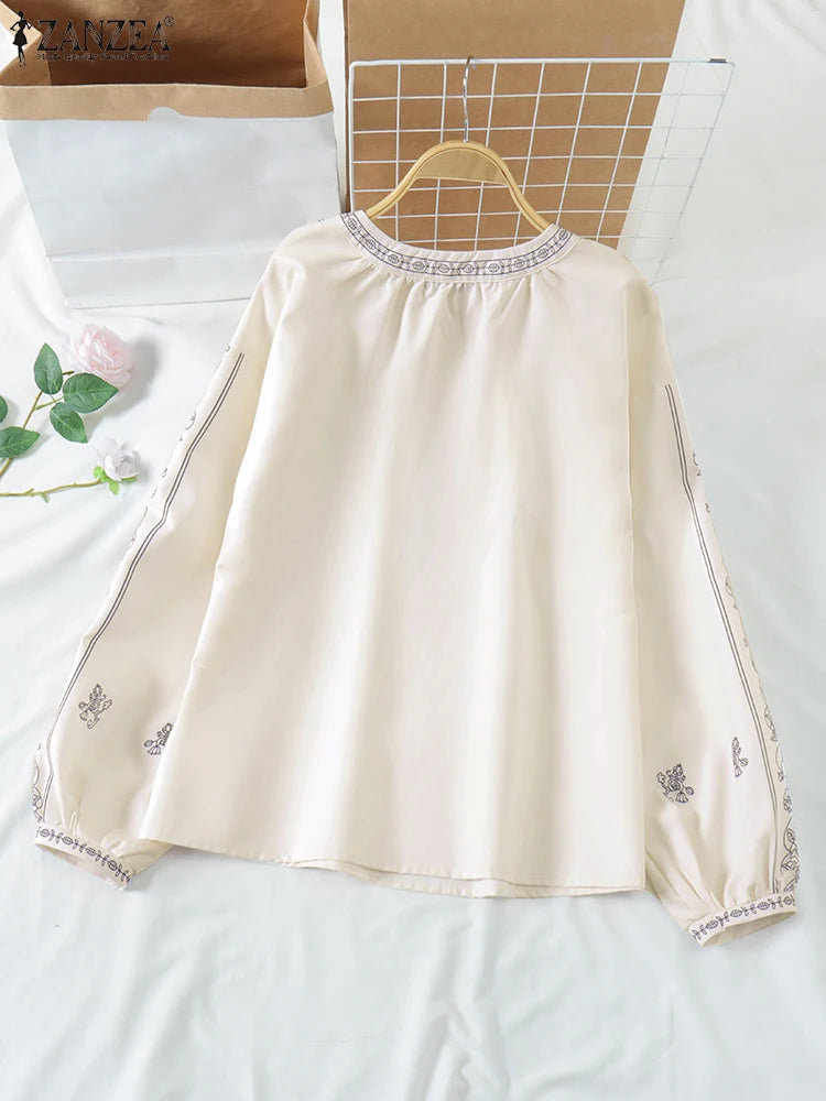 ZANZEA Ethnic Style Printing Woman Blouses Casual V-Neck Lace-Up Long Puff Sleeve Blusas Mujer 2025 Spring Summer Smock Tops