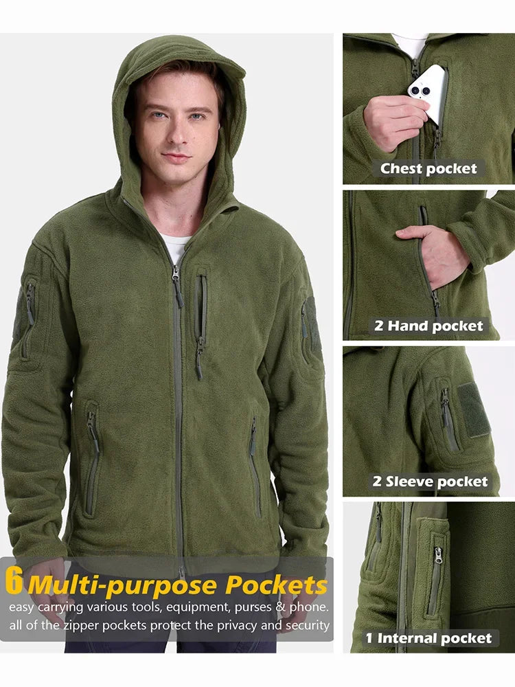 Men's Hunting Fleece Jacket Hiking Hunting Outdoor Fleece Tactical Jacket Winter Warm Full Zip Military Hoodies Multi-Pockets
