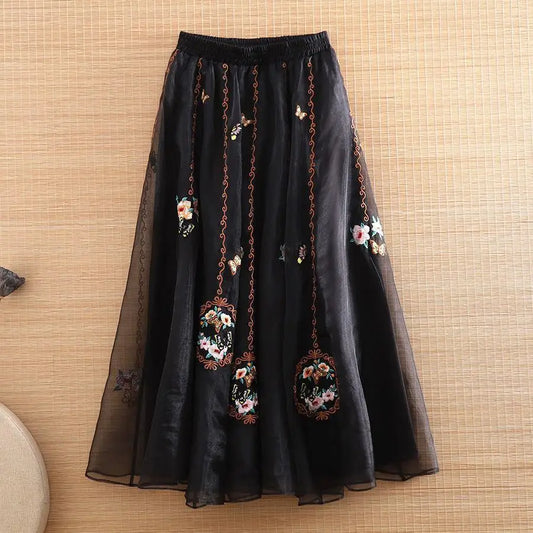 New Chinese Retro 2025 Autumn New Embroidered Mid-length A-line Skirt