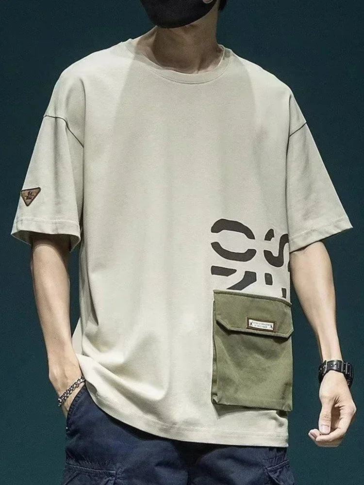 2025 New Letter Printed Short Sleeve Pocket T-shirt For Men Casual Cotton O-Neck Tshirt Y2K Streetwear Oversized Tee Shirts