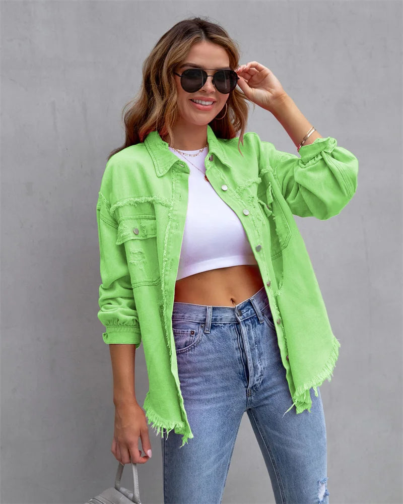 Raw-edges Denim Jacket Women Spring Autumn Shirt Style Jeans coat Casual Top Rose-Red Orange Purple Outerwear Lady Coat