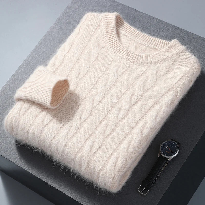 100% Pure Mink Cashmere Sweaters Men's Round Neck Thickened Pullover Autumn and Winter Warm Casual Knitted Large Size Twist Tops