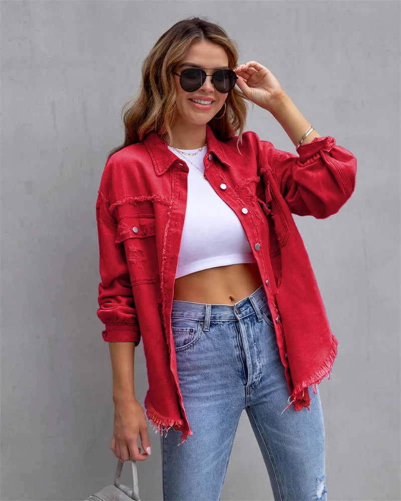 Raw-edges Denim Jacket Women Spring Autumn Shirt Style Jeans coat Casual Top Rose-Red Orange Purple Outerwear Lady Coat