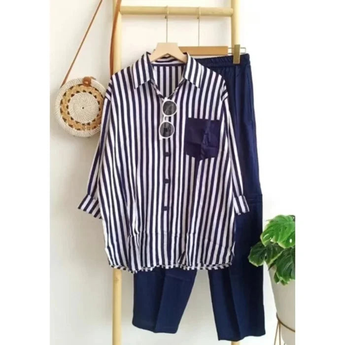 2024 Summer New Fashion Loose-Fit Slimming Casual Striped Two-Piece Suit Women's Comfortable Black Pink Red Short Skirt Set