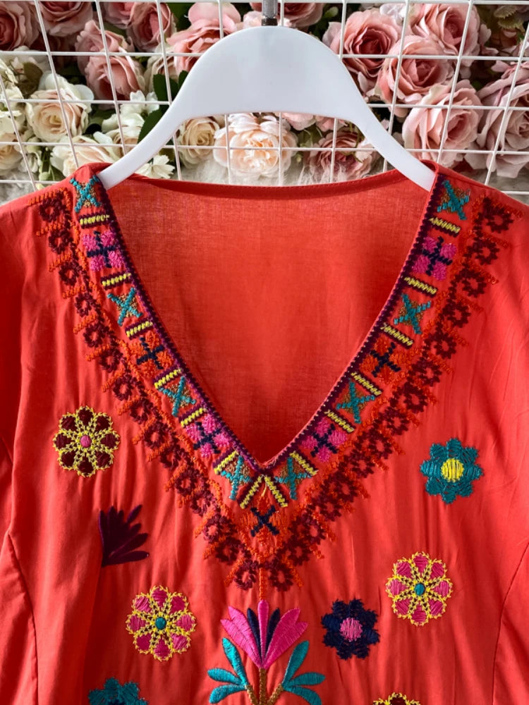 Vintage Chic Women Floral Embroidery Beach Bohemian Mini Dress Ladies Short Sleeve V-neck Cotton and Linen Boho Dresses Vestido