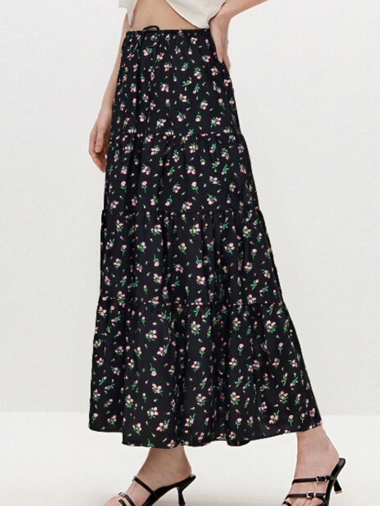 Women Floral Skirts Long Summer Cotton Tie Up Elastic Waist Loose Patchwork Maxi Skirt Flowers Spring Long Skirts For Women