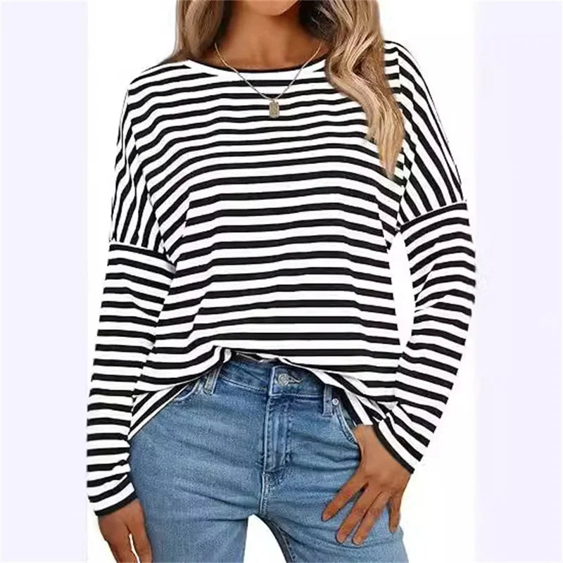 Spring Autumn Women's T-shirts Stripe Print Fashion Print Long Sleeves T shirt Casual Loose Streetwear Y2K Women Sweatshirt Tops