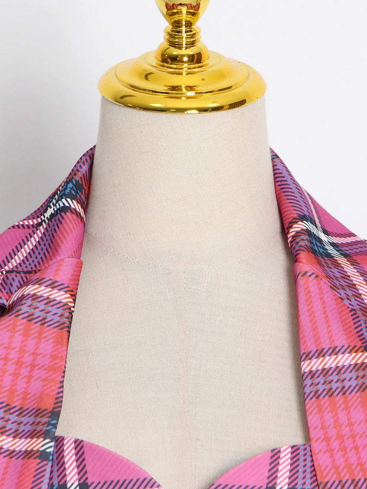 Women Slim Cut Out Back Lapel Long Sleeve Rose Plaid Blazers Coat