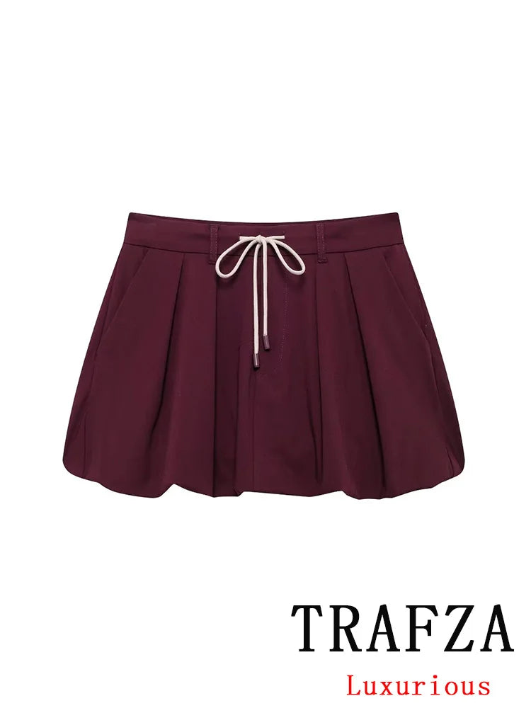 TRAFZA Vintage Casual Chic Solid Women Suit Turn-down Collar Zipper Jackets Drawstring Mini Skirt New Fashion 2024 Autumn Suit