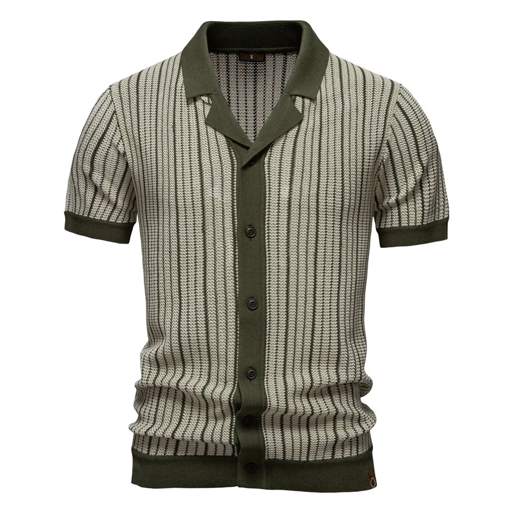 AIOPESON 2025 Men's Striped Mesh Polo Shirt - Breathable Contrast Panel Knit Top with Turn-Down Collar