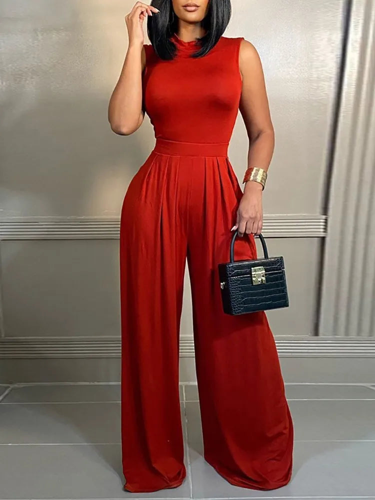 Elegant Women Wide Leg Long Printed Sleeveless Jumpsuits Trouser