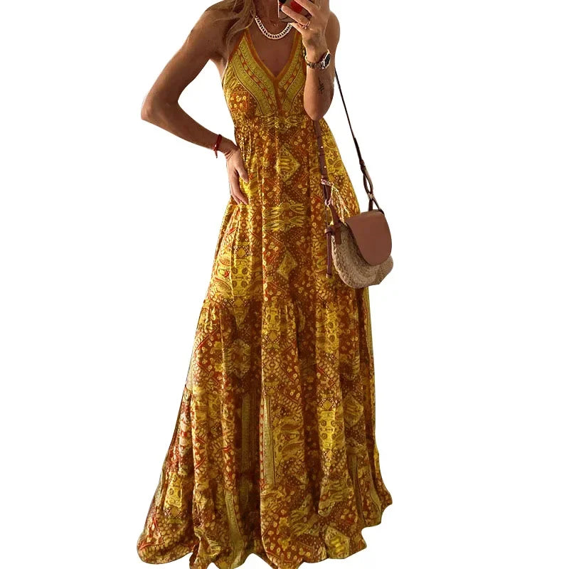 Vintage Printed Bohemian Women V-Neck Party Long Dresses Beach Elegant Sleeveless Spaghetti Strap Sexy Maxi Sundress