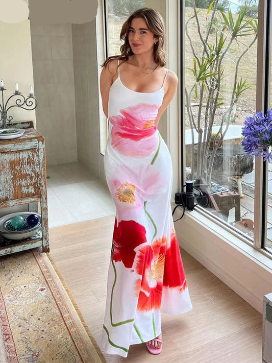 Eyellcart Summer Flowers Camis Dress Women 2025 New Trend Sleeveless Soft Stretch Sweet Maxi Bodycon Skinny Elastic Vestidos