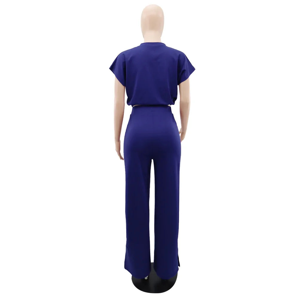 Women Short Sleeve Top & High Waist Pants Set