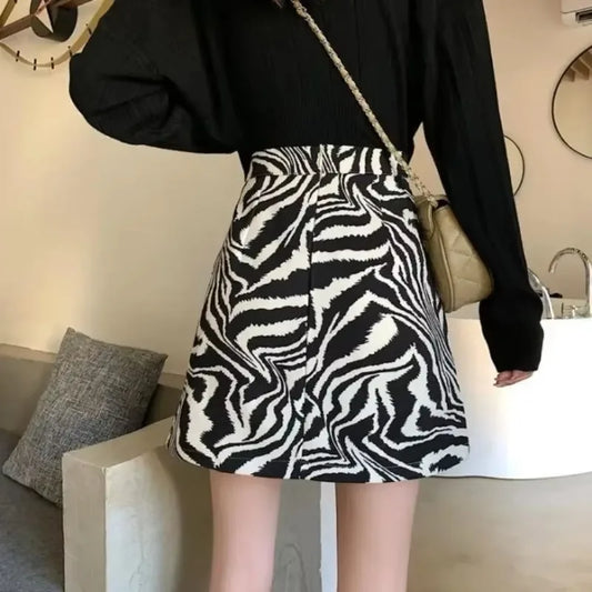 2025 Korean Zebra Print Midi Skirt Women Autumn New Female A-line High Waist Loose Skirts Vintage Mini Skirt