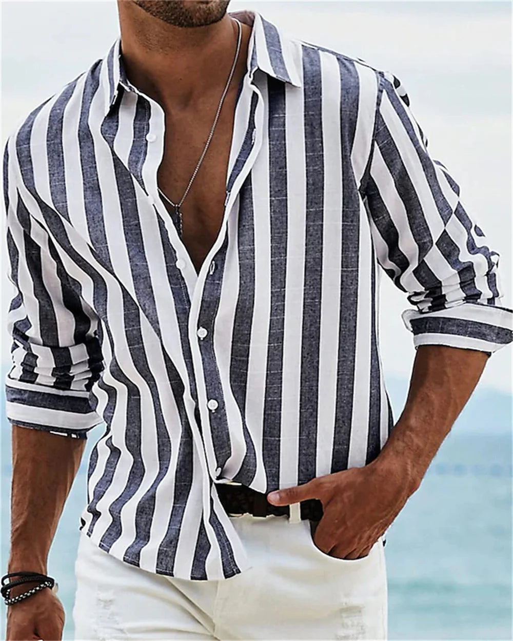 Men's Long sleeved Blue Stripe Printed Shirt Social Luxury Men's Wear Hawaii Elegant Classic Fashion Solid Color