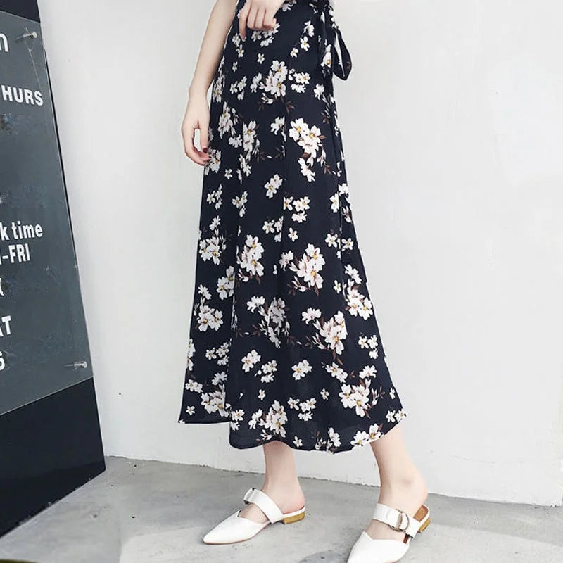 High Waist Long Skirt Wrap Dress Asymmetrical Hem Chiffon Floral Print Belted Midi Skirt for Short Women Summer Dress