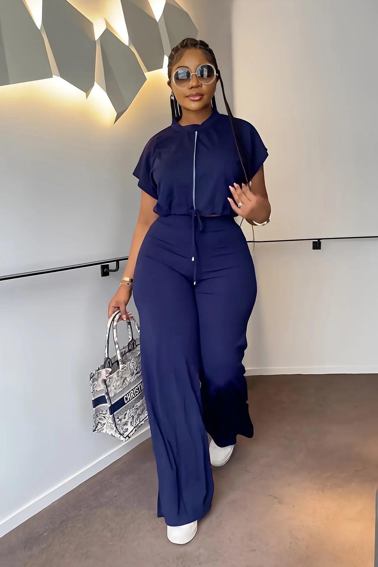 Women Short Sleeve Top & High Waist Pants Set