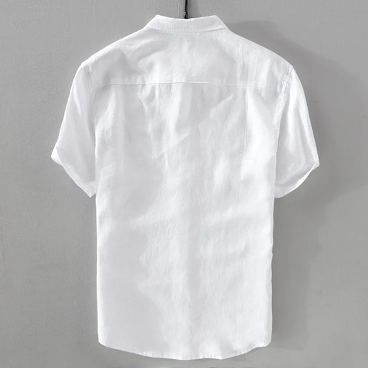 2025 Pure Linen Short Sleeved Shirt Men's Linen White Shirt Cotton Linen Men's Upper Garment Men's Casual Summer Half Sleeved