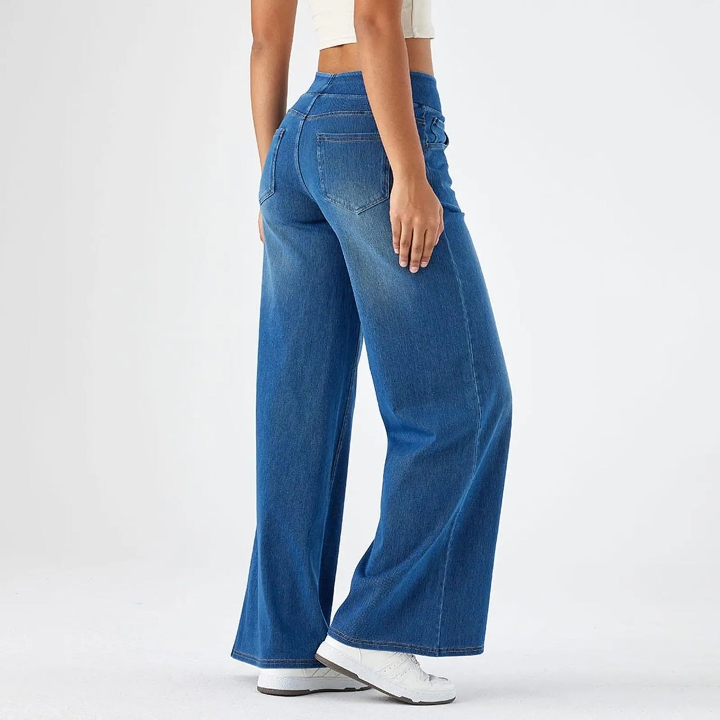 Women Jeans Denim Pant Wide Leg Streetwear Elastic Waist Straight Trousers