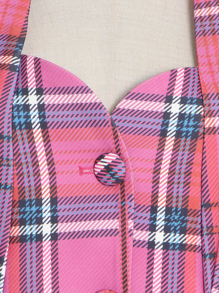 Women Slim Cut Out Back Lapel Long Sleeve Rose Plaid Blazers Coat
