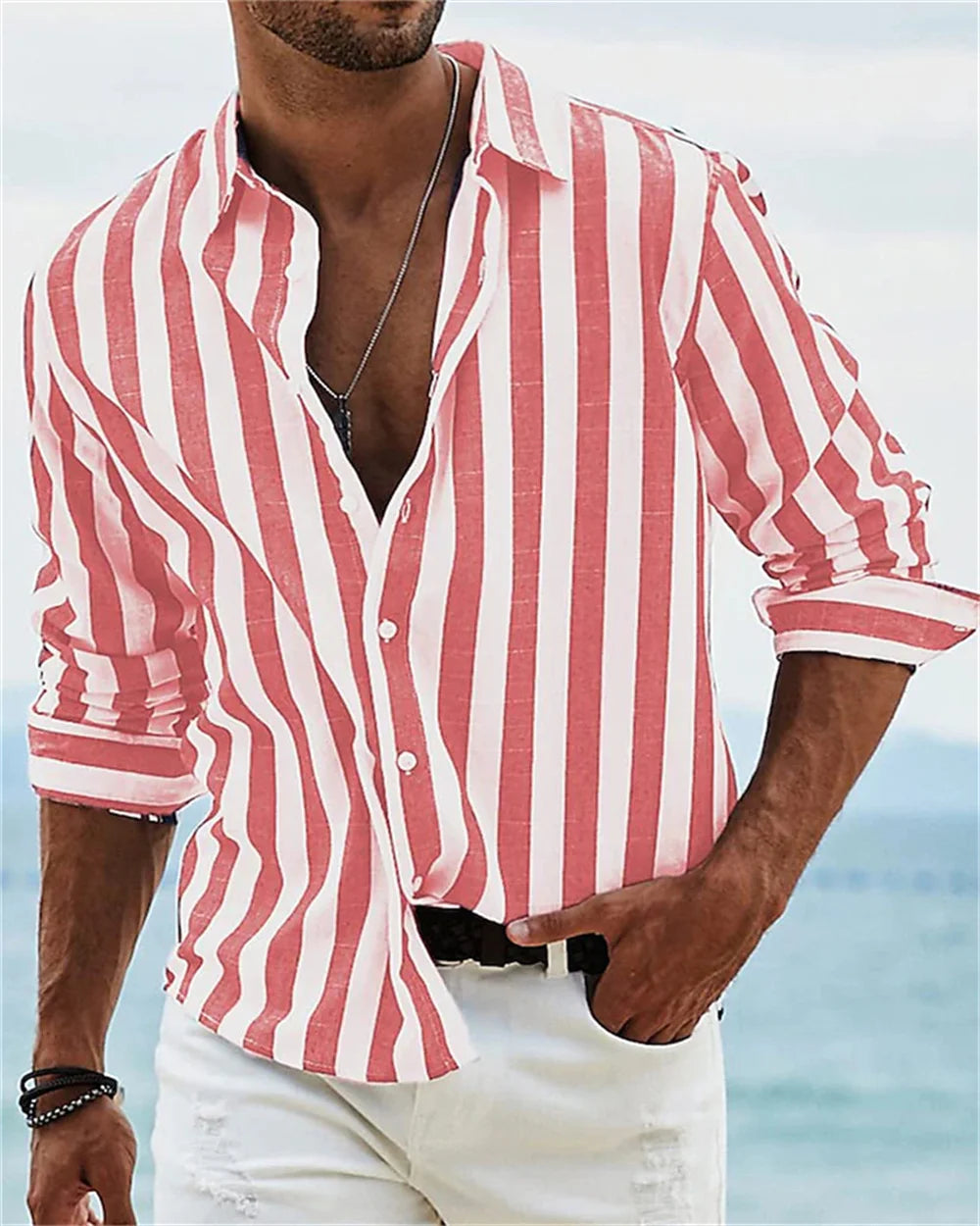 Men's Long sleeved Blue Stripe Printed Shirt Social Luxury Men's Wear Hawaii Elegant Classic Fashion Solid Color
