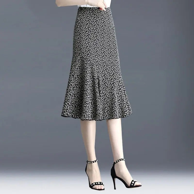 Elegant Printed Zipper Folds Chiffon Floral Skirts Women's Clothing 2024 Summer New Loose Office Lady High Waist Mermaid Skirts