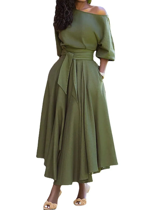 Women's S-2XL Size New Slanted Shoulder Collar Tie Waist Style Solid Color Dress Leopard print maxi dresses for women