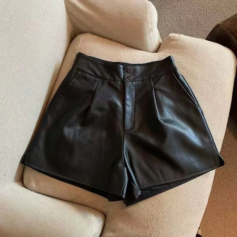 Women High Waist Side Pockets Vintage Faux Leather Shorts Pant