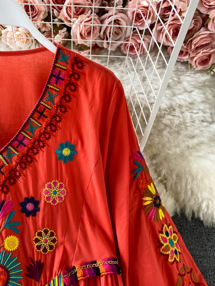 Vintage Chic Women Floral Embroidery Beach Bohemian Mini Dress Ladies Short Sleeve V-neck Cotton and Linen Boho Dresses Vestido