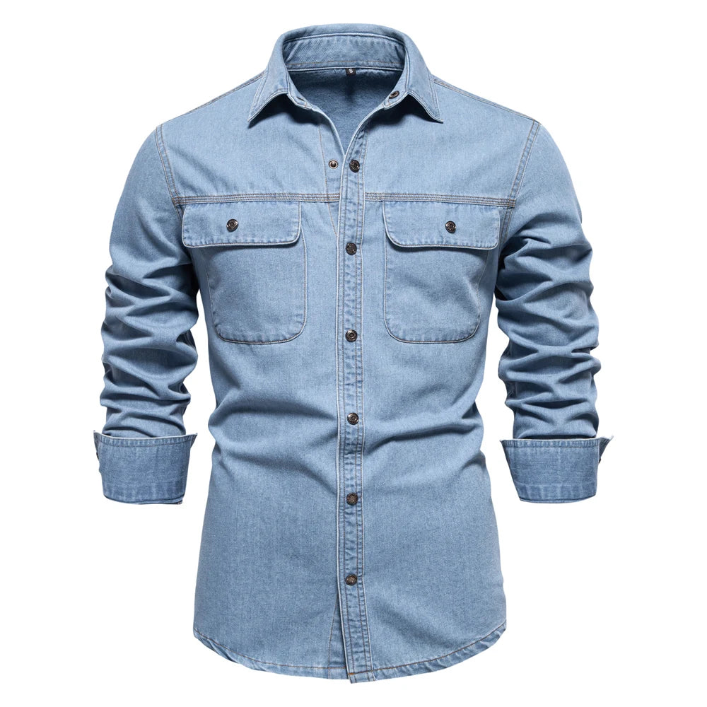 2024 AIOPESON 100% Cotton Men Denim Shirts Double Pocket Casual Cowboy Mens Shirts Long Sleeve New Autumn High Quality Shirts