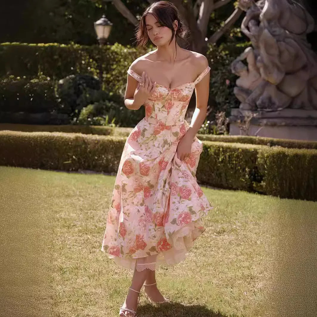 Dress Summer Fashion White Elegant Ladies Backless Clothes Puff Sleeve Floral Print Slit Long Dresses For Women New Arrival
