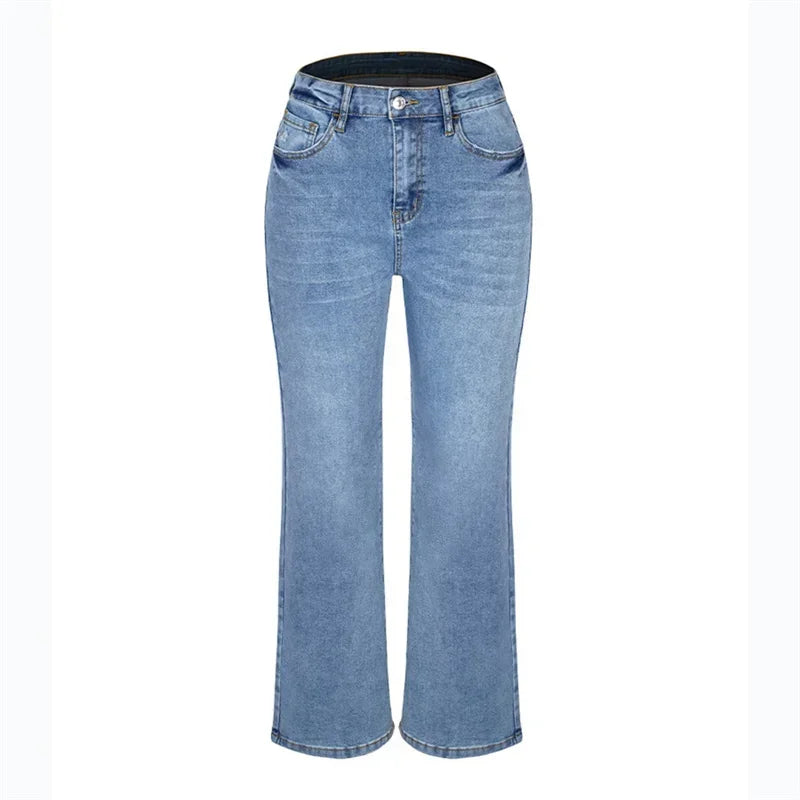 Fashion Back Pocket Broken Holes Straight Jeans Women High Waist Wide Leg Trousers Daily Comfortable Commuter Casual Denim Pants