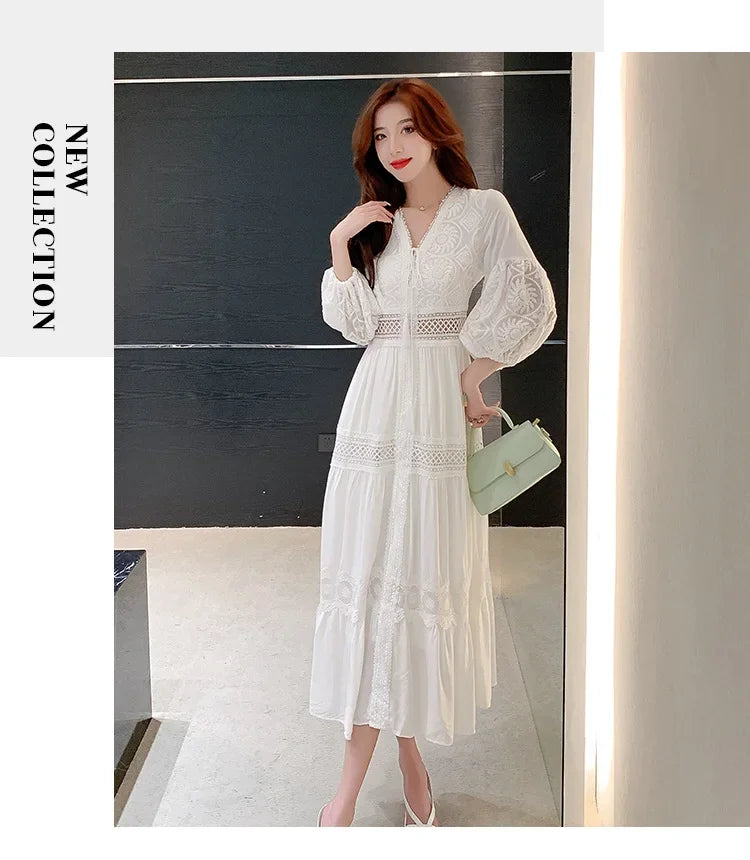 2025 Women's New Spring/Summer White Hollow Sweet Dress Fashion French Bubble Sleeve Knee length Skirt European and American