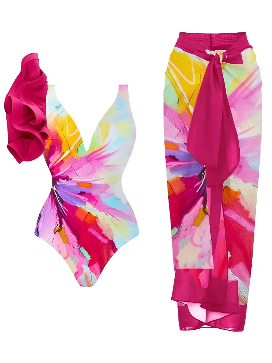 2025 Frill One Piece Swimsuit & String Skirt Padded Sexy Swimwear Women Bathing Suit Female Swimming Summer Beachwear Bodysuit