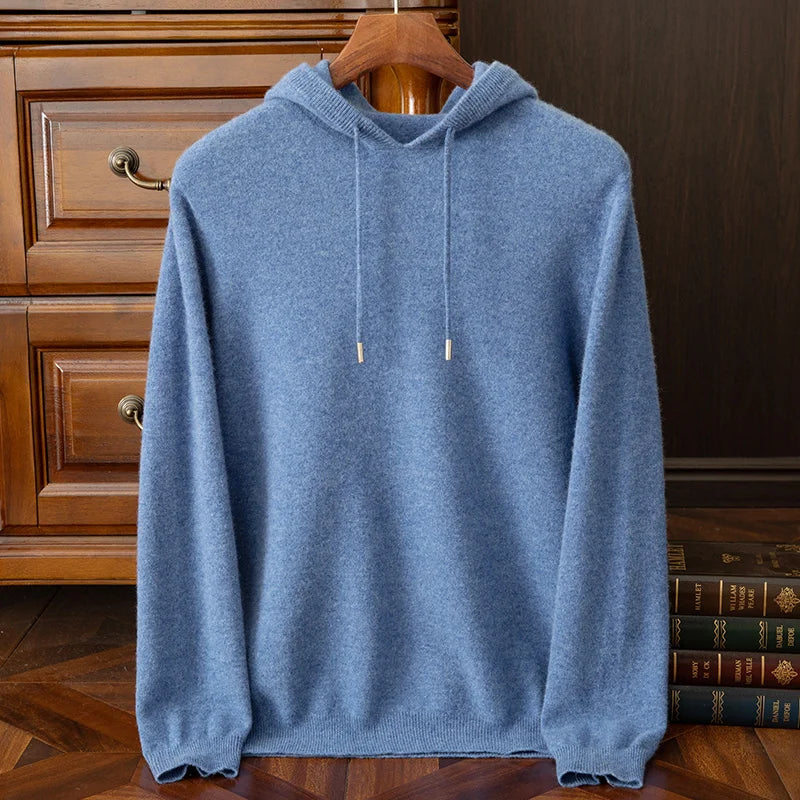 Winter 100% pure cashmere hoodie men's pullover double layer thick heavy wool sweater hooded cashmere sweater casual hat sweater