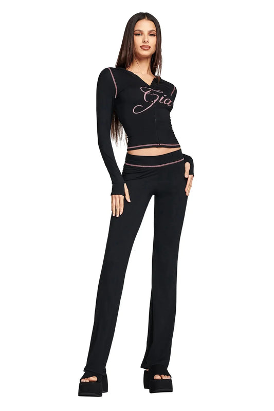 iamgia black cotton zipper hooded long sleeved high stretch top low waist micro flared pants for women 2024