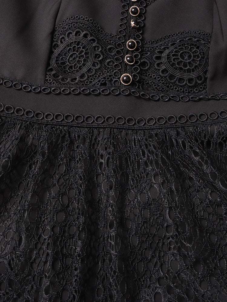 Hollow Out Patchwork Embroidery Stand Collar Lantern Sleeve High Waist Elegant Dresses For Women